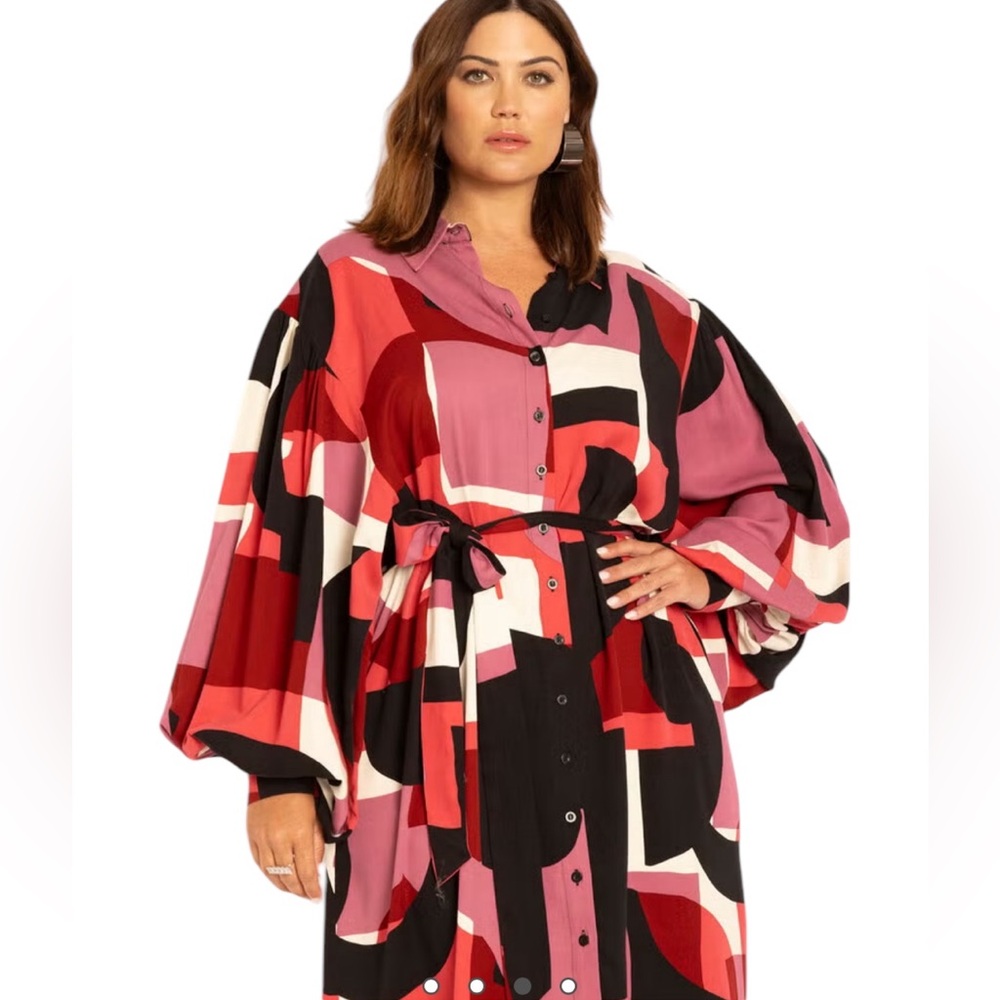 ELOQUII EXAGGERATED SLEEVE SHIRT DRESS GEO BLACK RED WHITE PRINT 20 - Picture 4 of 11